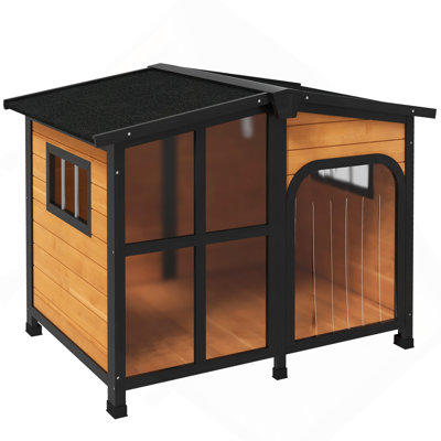 Outside Cabin-Style Wooden Dog House For Large Dogs With Openable Roof & Giant Window, Outdoor & Indoor Big Dog House, Asphalt Roof, Yellow