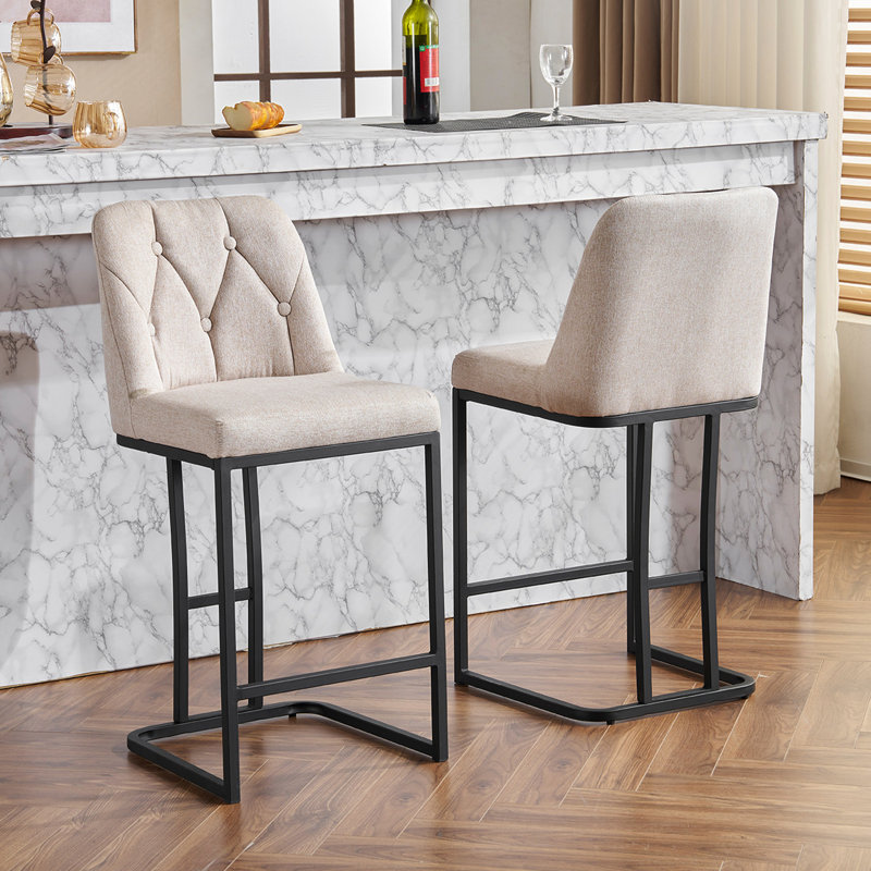 De 2 tabourets modernes beiges - boutons, structure en métal pour tous les styles de décoration intérieure, Beige