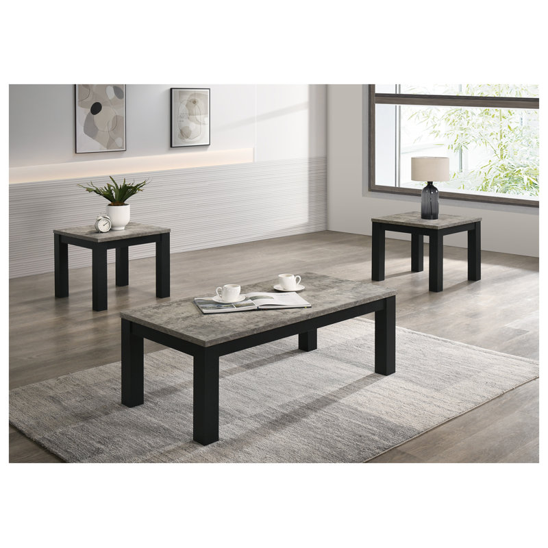 Ensemble de table de salon 3 pièces avec table basse et deux tables de bout, finition bois contemporaine en gris et noir