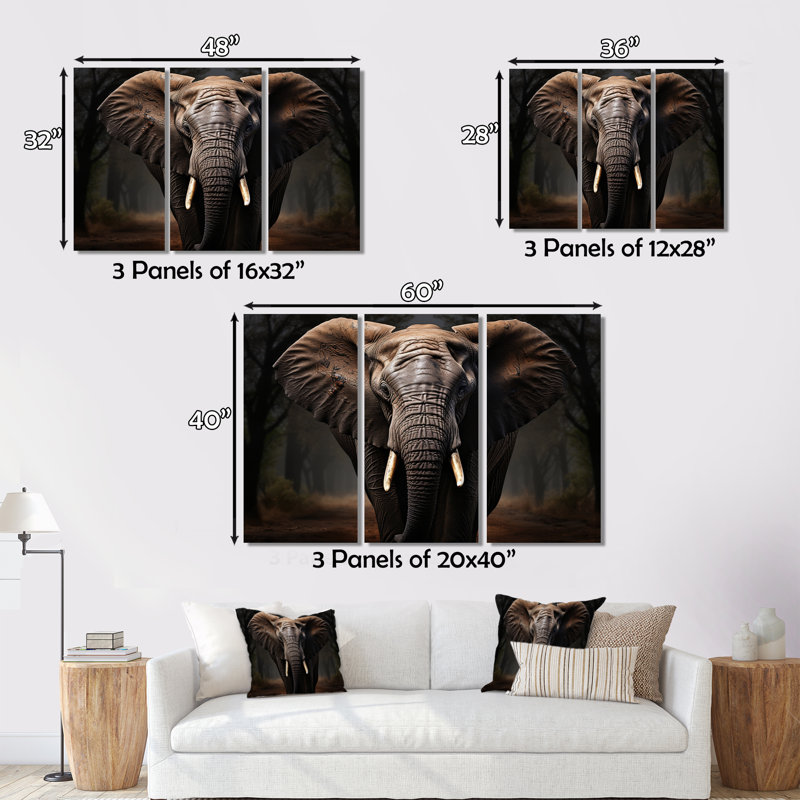 Éléphant harmonie en monochrome I sur toile, 3 pièces, H 40 po x l 60 po x P 1 po