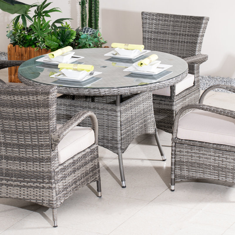 Ensemble de salle à manger de patio en osier pour 4 personnes avec table ronde Ashley, coussins inclus, Grey/ Light Grey