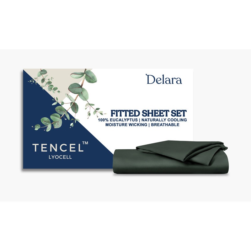 Delara 100% Eucalyptus Lyocell TENCEL™ Cooling Fitted Sheet Set – Soft, Silky & Breathable, Forst Green