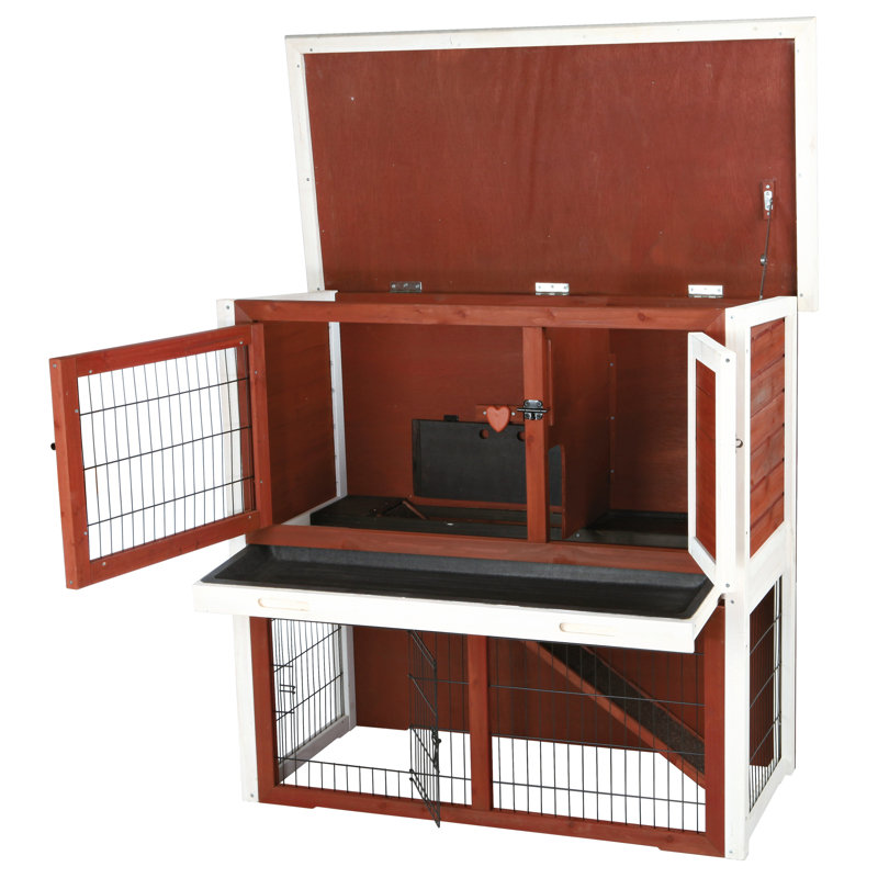 Medium Auburn and White 2-Story Wooden Rabbit Hutch with Slanted Roof
