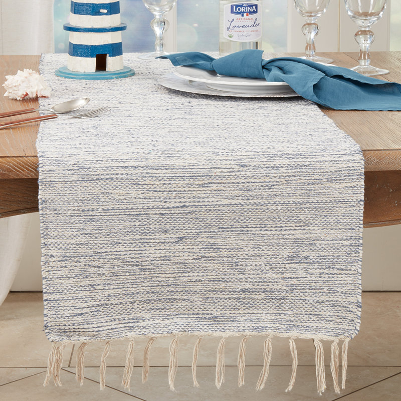 Blue Delicate Handloom Table Runner With Fringe, 16" W x 120" L, 1