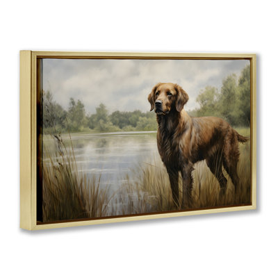 Retriever Dog & Pond Gold Framed Floater Canvas by Petal Prints Design