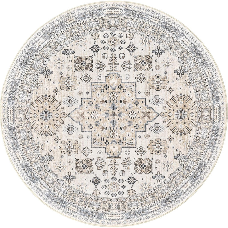 Medallion Non Slip Washable Rug(Beige), Round 4'