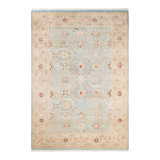 Tapis unique bleu clair / beige noué à la main 4 pi 3 po x 6 pi Tres Mogul