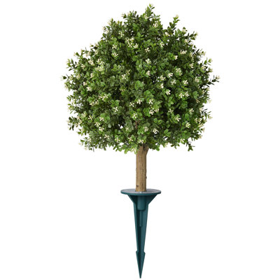 Ashwell Artificial Osmanthus Topiary Ball Tree With White Flowers & Ground Spike - UV Resistant Faux Boxwood Style Shrub For Front Porch Urns & Garden Landscape 