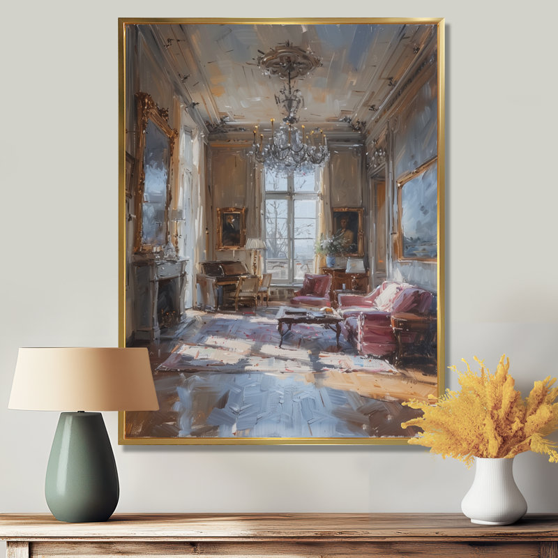 Décoration murale chateau rose beige et chateau, Toile avec cadre flottant or, H 40 po x l 30 po x P 1,5 po