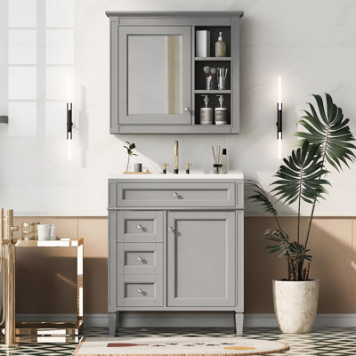 Ensemble de meuble-lavabo autoportant 30 po avec lavabo supérieur, meuble-lavabo moderne avec 2 tiroirs et un tiroir basculant, meuble-lavabo autoportant avec miroir et meuble-lavabo simple
