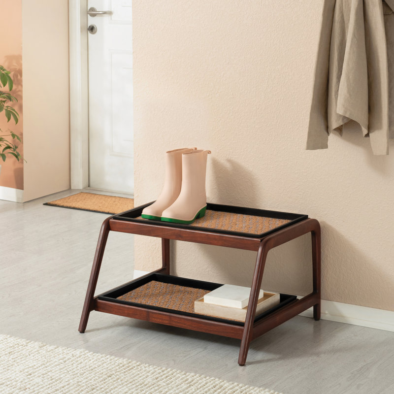 Premium Solid Wood Boot Tray Stand with Natural Coir Mat - Entryway & Mudroom Shoe Organizer, 22" W x 26.5" L, Dark Brown