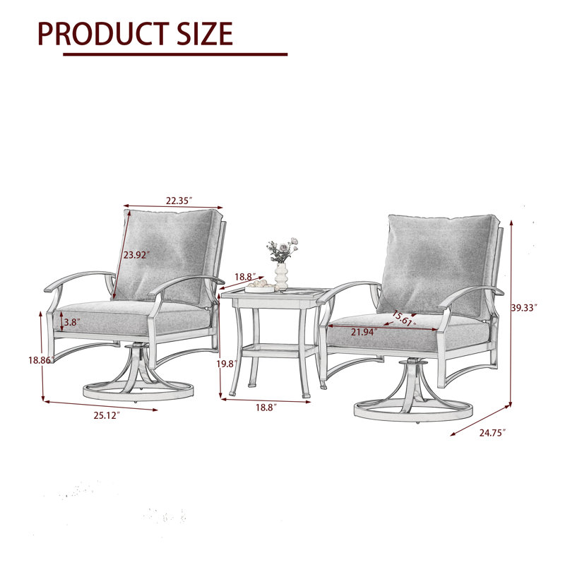 Nickita 3 Pieces Set Metal Outdoor Patio Furniture Swivel Chairs Set with Cushions, Beige