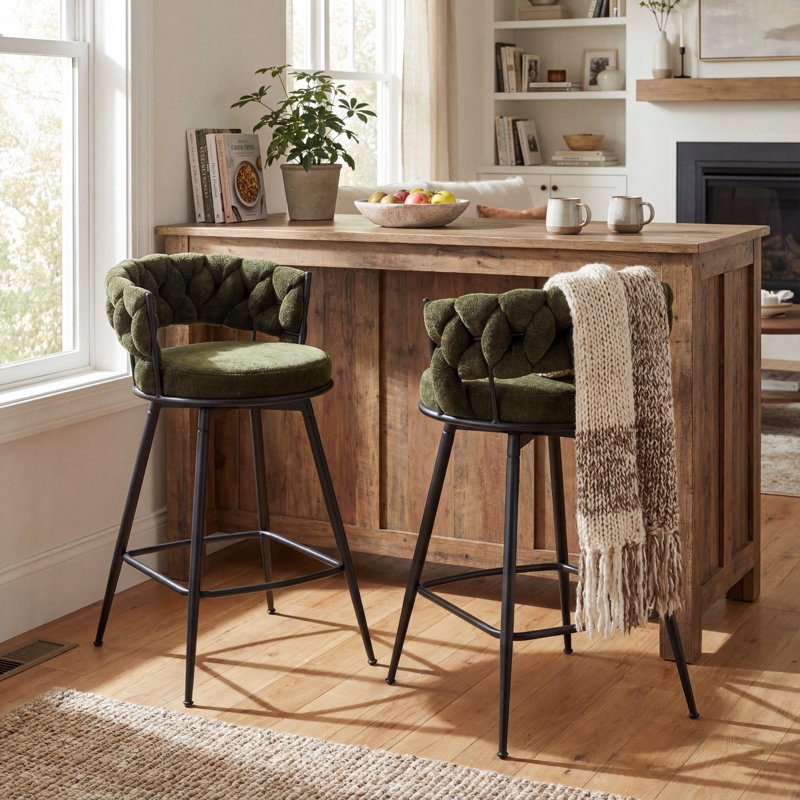 Modern Green Upholstered Bar Stool With Woven Look Backrest & Fixed Black Metal Frame Stable Counter Height Stool For Kitchen Breakfast Bar Or Cafe, Set Of 2