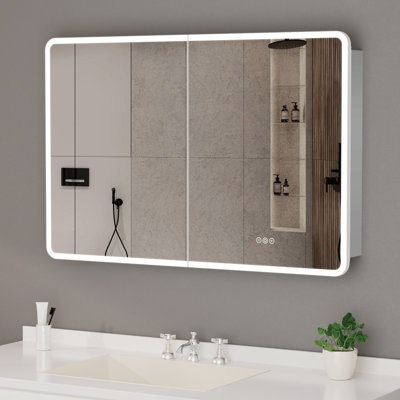Armoire à pharmacie en aluminium de 122 cm (l) x 81 cm (H) avec miroir, éclairage DEL, antibuée, intensité variable et 3 couleurs, fonction mémoire, étagères en verre réglables, port USB et prise homologuée UL, montage encastré ou en saillie