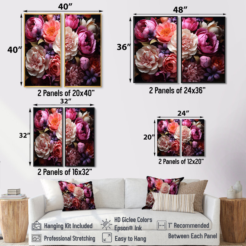 Art asiatique pivoines en rose IV - impressions sur toile global rose, Noir, H 36 po x l 48 po