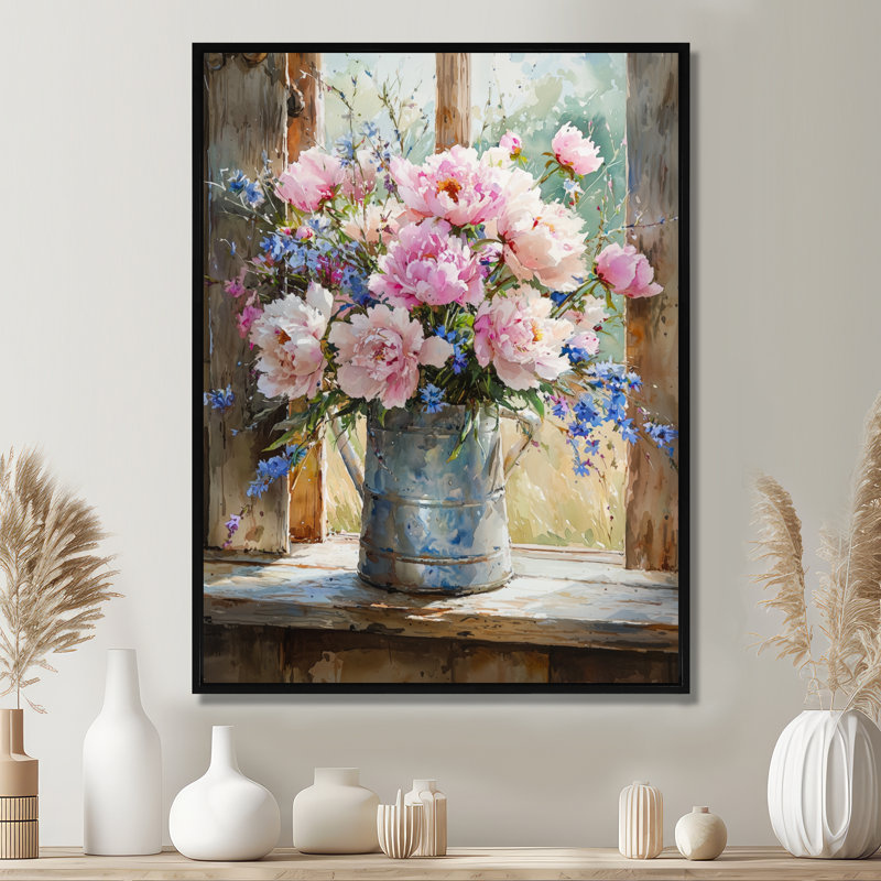 Veschi Country Bloom Peony Bouquet II - pivoines, reproduction d'art sur toile, H 20 po x l 12 po, Noir