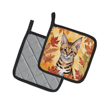 Savannah Cat in Fall Leaves Pair of Pot Holders