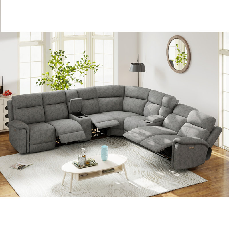 9-Piece Modular Upholstered Power Reclining Sectional with Adjustable Headrest & Lumbar Support, Gray Polyester Blend
