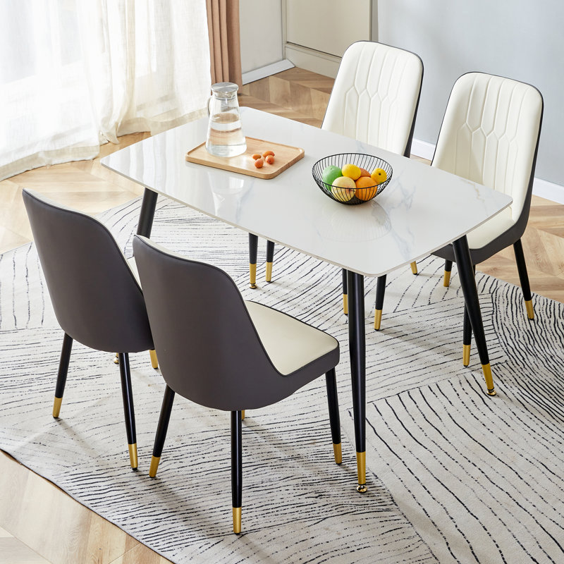 Contemporary Faux Marble 5-Piece 50" Dining Set with Upholstered Chairs, Beige/Gray, White