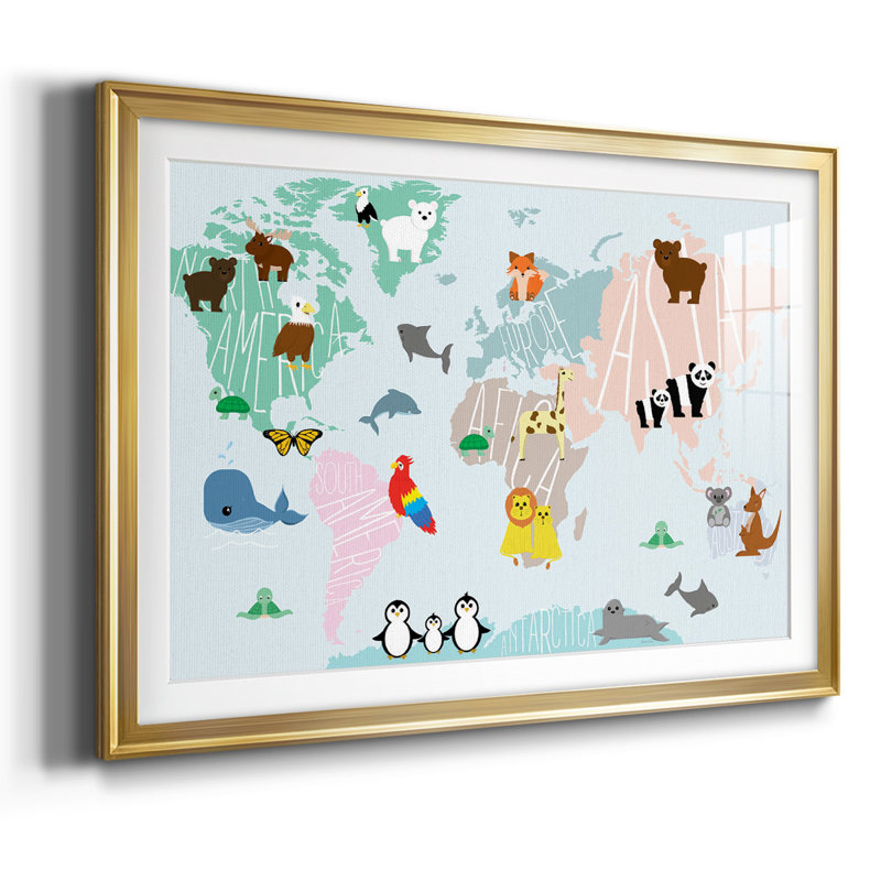 Carte des animaux - Carte du monde vintage, encadrée sous verre acrylique, décoration murale pour bureau et bibliothèque, Or