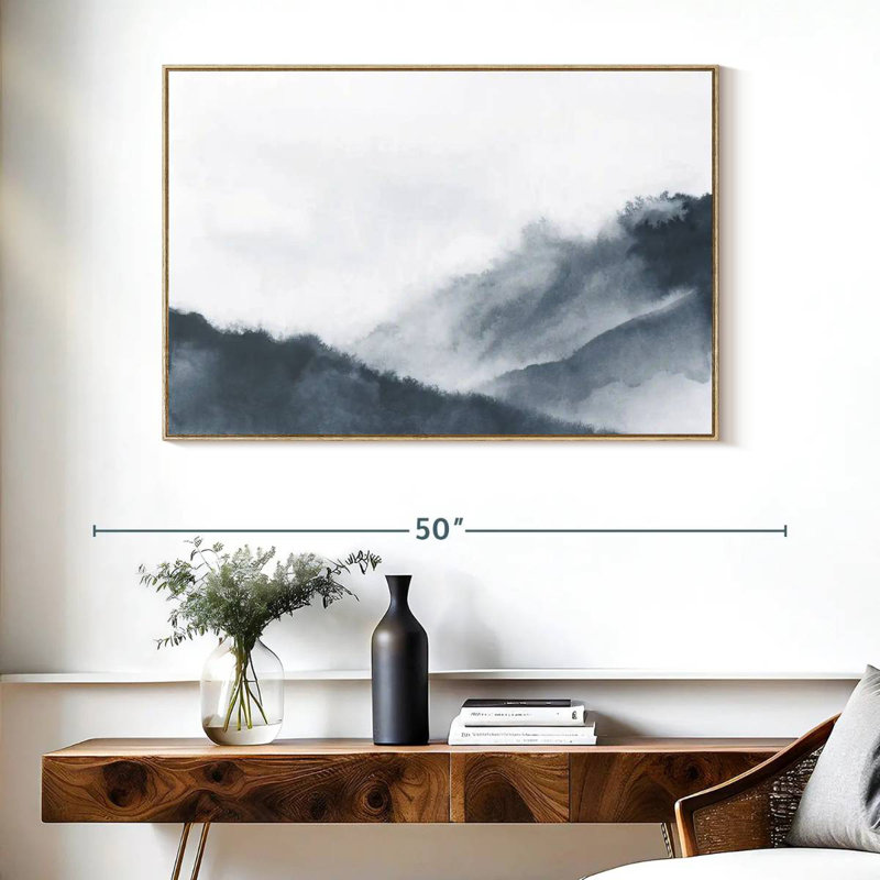 Misty Mountains In Gray, Floating Frame Natural Wood, 40" X 27"