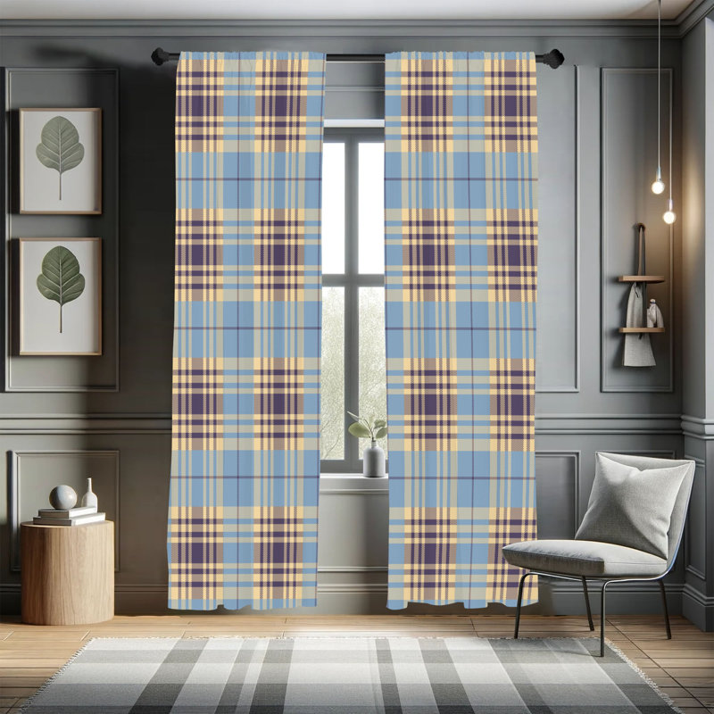  Checkered Curtains, Plaid Tartan English Tile, 56" W x 84" L, Pale Turquoise