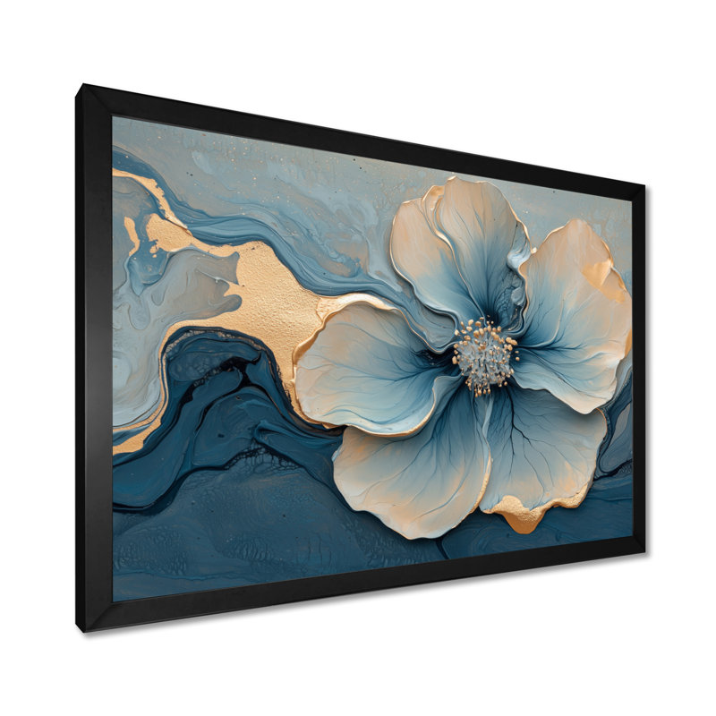 Marbre de geramium abstrait Irmtraut en bleu doré I - art mural en marbre, H 30 po x l 40 po, Noir