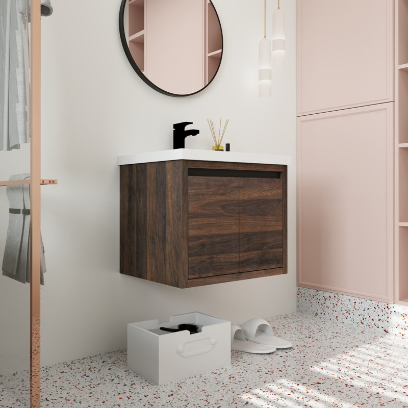 Ensemble de meuble-lavabo mural simple 24 po Lanayia, Brun foncé