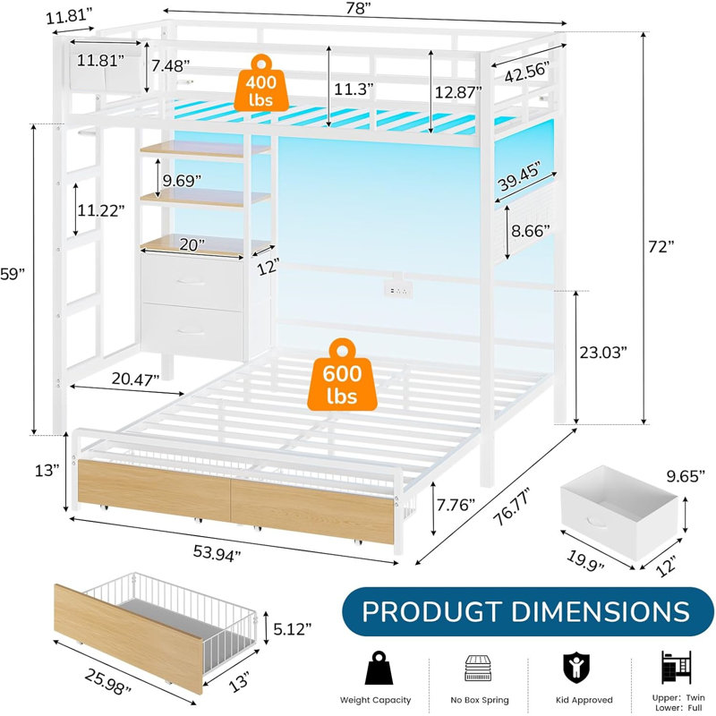 Twin Over Full Bunk Beds Bunk beds with a twin-size upper bunk and a full-size lower bunk, each equipped with 4 storage drawers and 3 open shelves; metal bunk beds with LED lights, charging stations, and wall hangings; L-shaped bunk beds with safety rails and ladders.