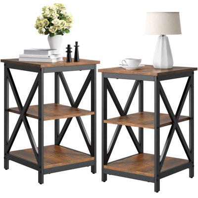 End Tables Living Room Set of 2, Side Tables with Steel X-Shaped Frame, Farmhouse Nightstand Wood and Metal
