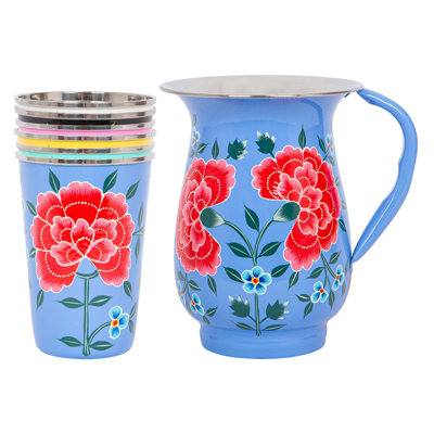 East Urban Home Hand-Painted Picnic Water Jug with 400ml Multicolour Cups - 1.7L - Raspberry Peony