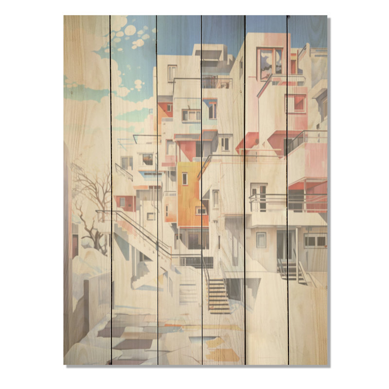 De Stijl, ville moderne en hiver I - Neige, art sur bois de pin naturel, H 40 po x l 30 po