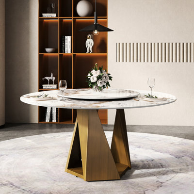 57.79" Round Dining Table With White Sintered Stone Surface & Bronze Iron Base, Fits 6-8, 31.5" Rotatable Disk, To Chemicals Table, Metal 6-8 Seating, Rotating Safe For Daily Use