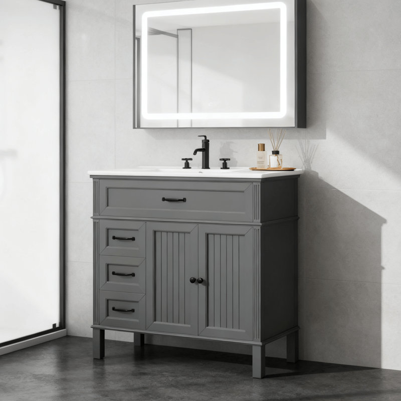 36" Single Bathroom Vanity With Ceramic Top, Black, Gray