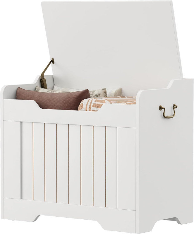 24.8" Wooden Storage Bench with Safety Hinge, Flip Top Blanket Chest Supports 350 lb for Living Room, Entryway, White
