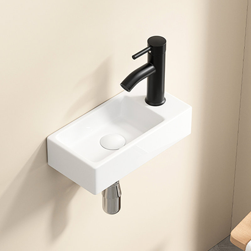 American Traditional Left Hand Wall Hung Rectangle Ceramic Cloakroom Sink, Milk White, 14*7*3Inch, Single Tap Hole, Good For Bathroom Wash Basin, Small White Hand, Hole Utility Room