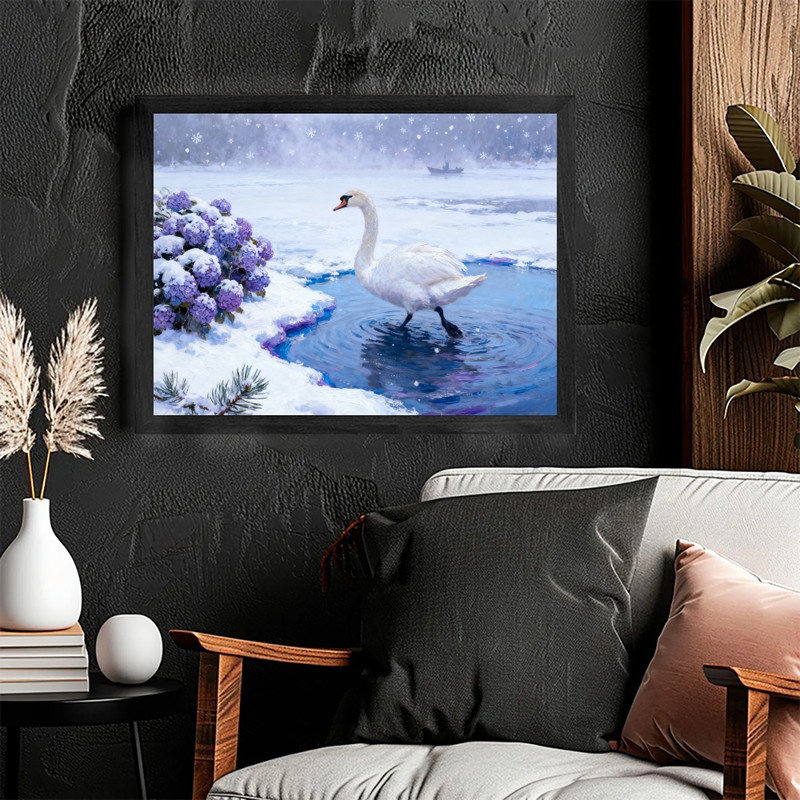 Reproduction encadrée noire de cygnes et d'hortensias enneigées, impression de peinture de paysage d'hiver impressionniste