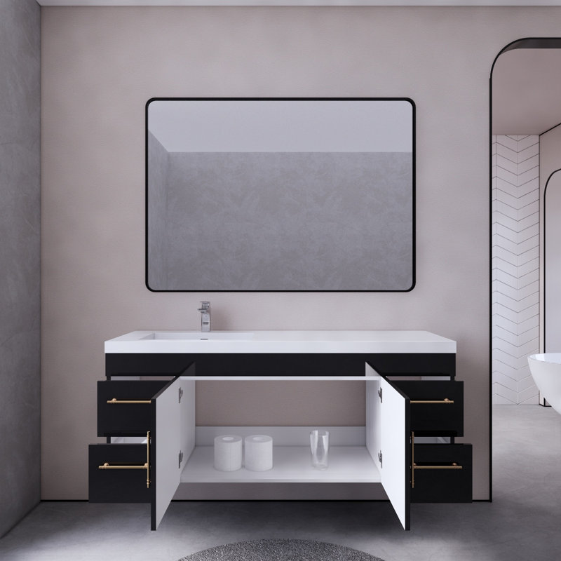 Ensemble de meuble-lavabo mural simple 59 po Bastri, Noir lustré