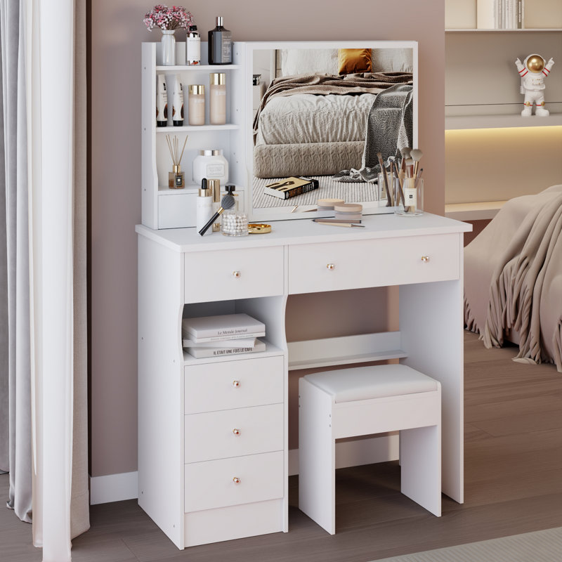 Meuble-lavabo de bureau 37 po avec tabouret de bureau et tabouret, White