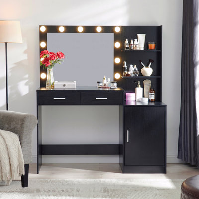 Vanity Desk (Makeup Vanity) With Vanity Mirror & Led Led Lights, 46.4" Dressing Table (Makeup Vanity) With 2 Large Drawer&With Large Vertical Organizer, 3 Level Dresser & 3 Lighting Color Modes Adjustable Brightness, Suitable For Bedroom