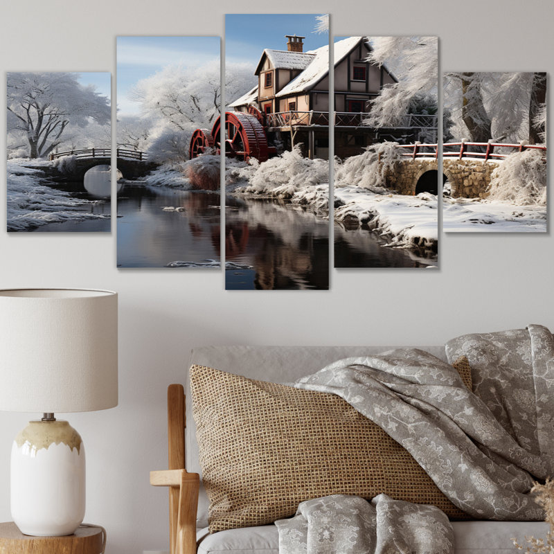 Blanc blanc bleu en hiver - Moulins, art mural sur toile - 5 panneaux
