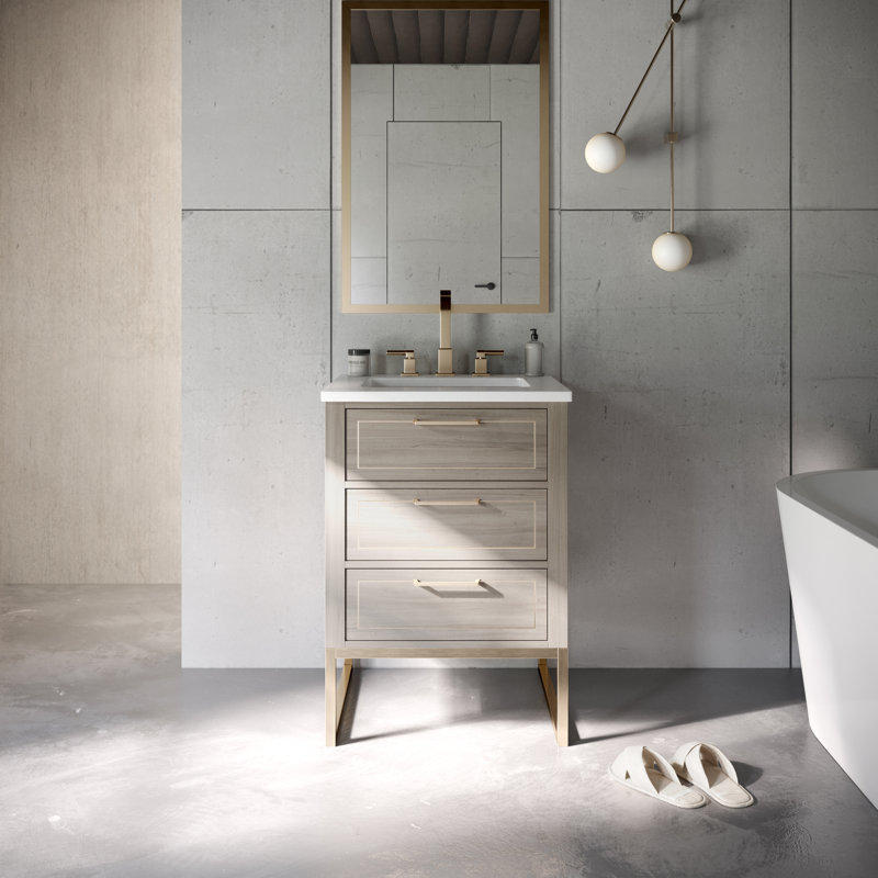 Markham 24'' W Single Vanity, Universal Calacatta Quartz, Cashmere Gray, Satin Brass