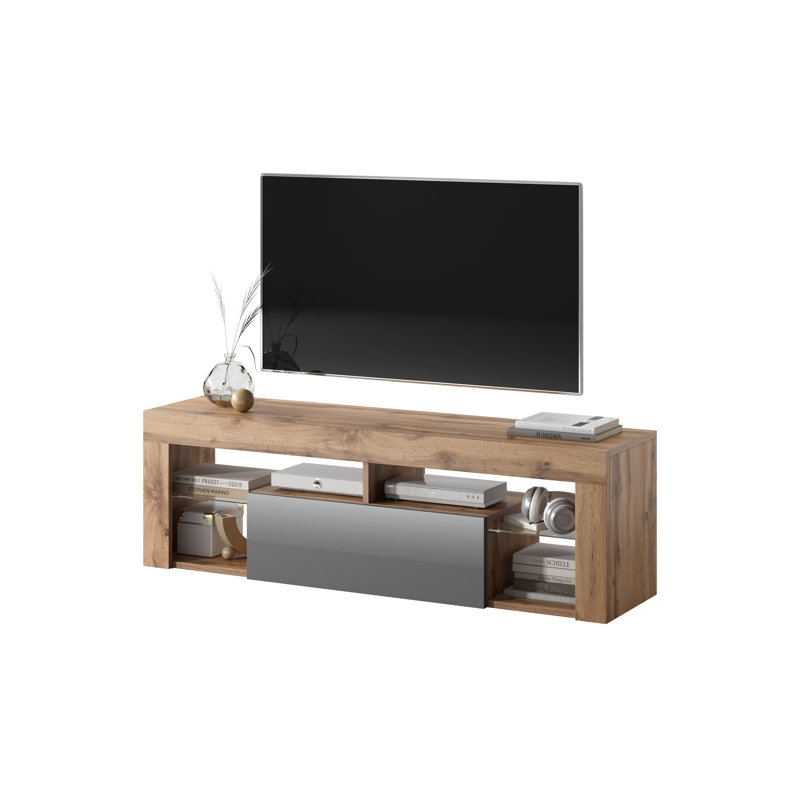 Alarica TV Stand for TVs up to 50'' with LED Lighting, Oak/Grey Gloss, Yes