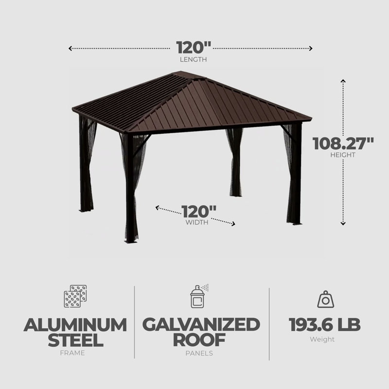 Sojag 10 x 10' Dakota Steel Hardtop Gazebo Outdoor Sun Shelter, Brown/Black