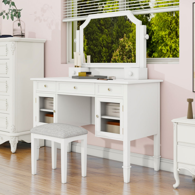 Vanity Desk with Swivel Mirror, Drawers, Cabinets and Stool