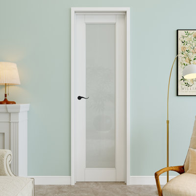 24" x 96" 1-Lite Frosted Glass Interior Prehung Door with Curve Lever and Black Hinges, Privacy Glass Door Slab, Paintable & Waterproof, Suit for Laundry, Closet Doors, Room Doors, Right Hand