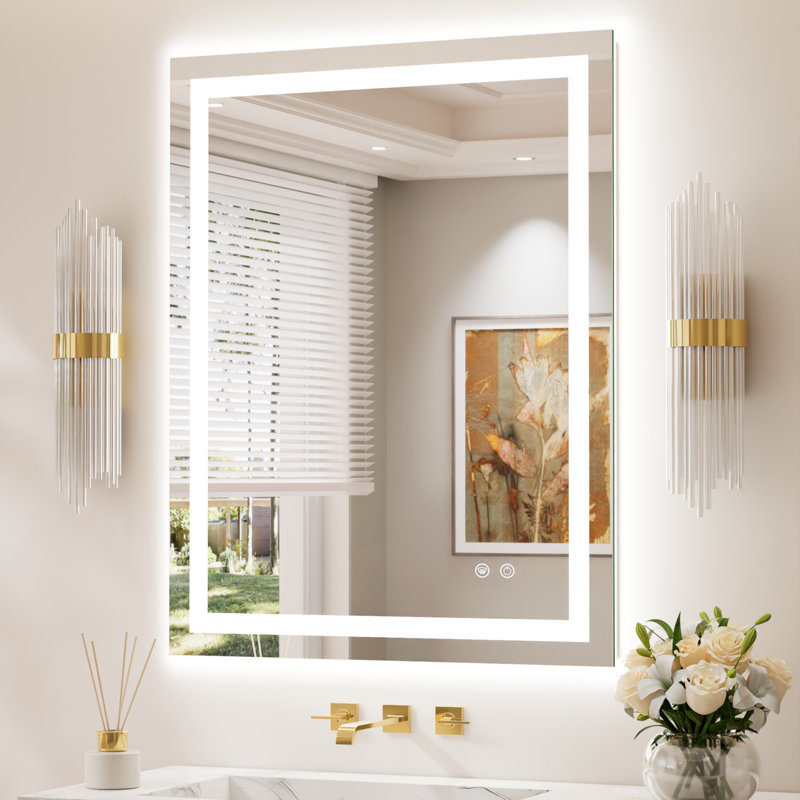 Front & Back LED Lighted Tempered Glass Dimmable Anti Fog Bathroom Vanity Mirror, 36" x 28"