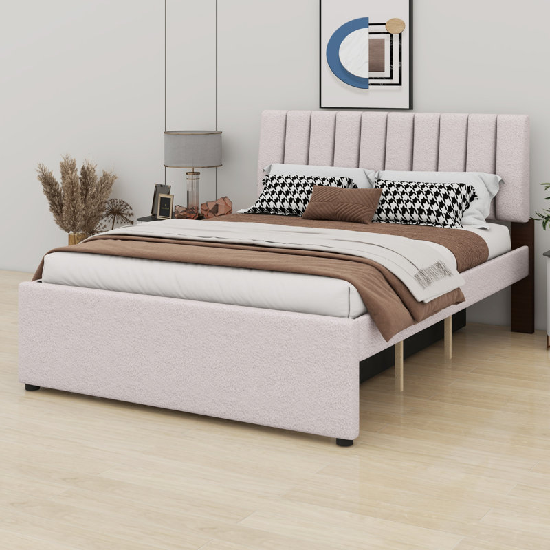 Lit plateforme tapissier avec lit gigogne, Lit double , Beige
