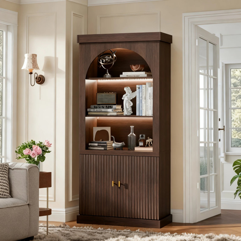 Wooden Storage Cabinet With Arched Design, Display Cabinet With LED Lighting, Large Capacity & Waterproof Surface