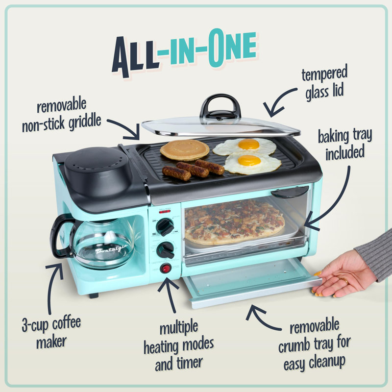 3-in-1 Breakfast Station with Coffee Maker, Non-Stick Griddle, and 4-Slice Toaster Oven